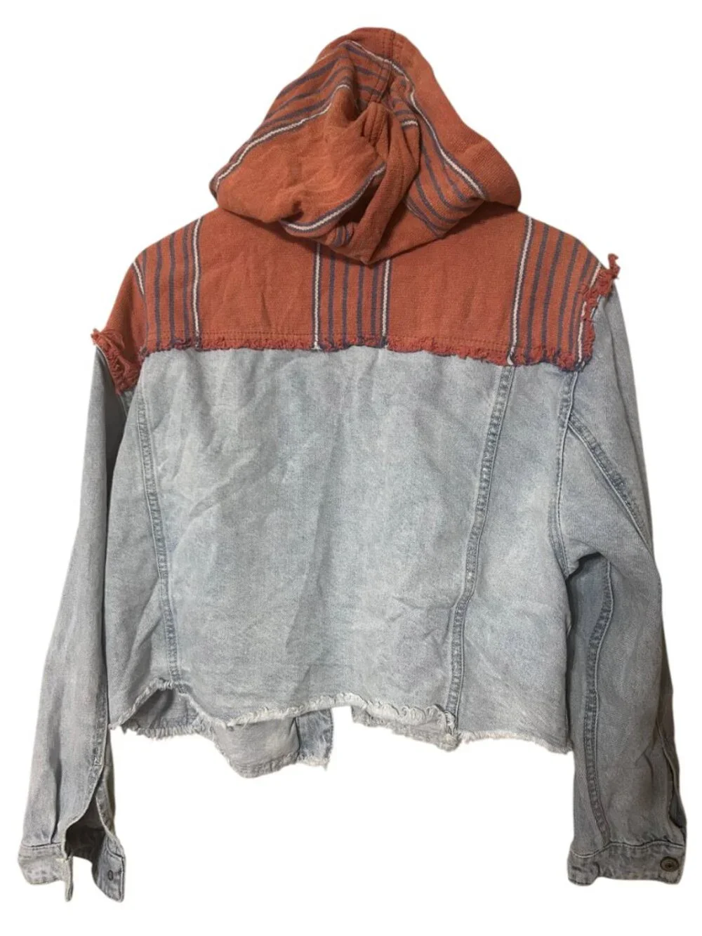 Free People Hooded Denim Jacket Rust Stripe Raw Hem Cropped XS